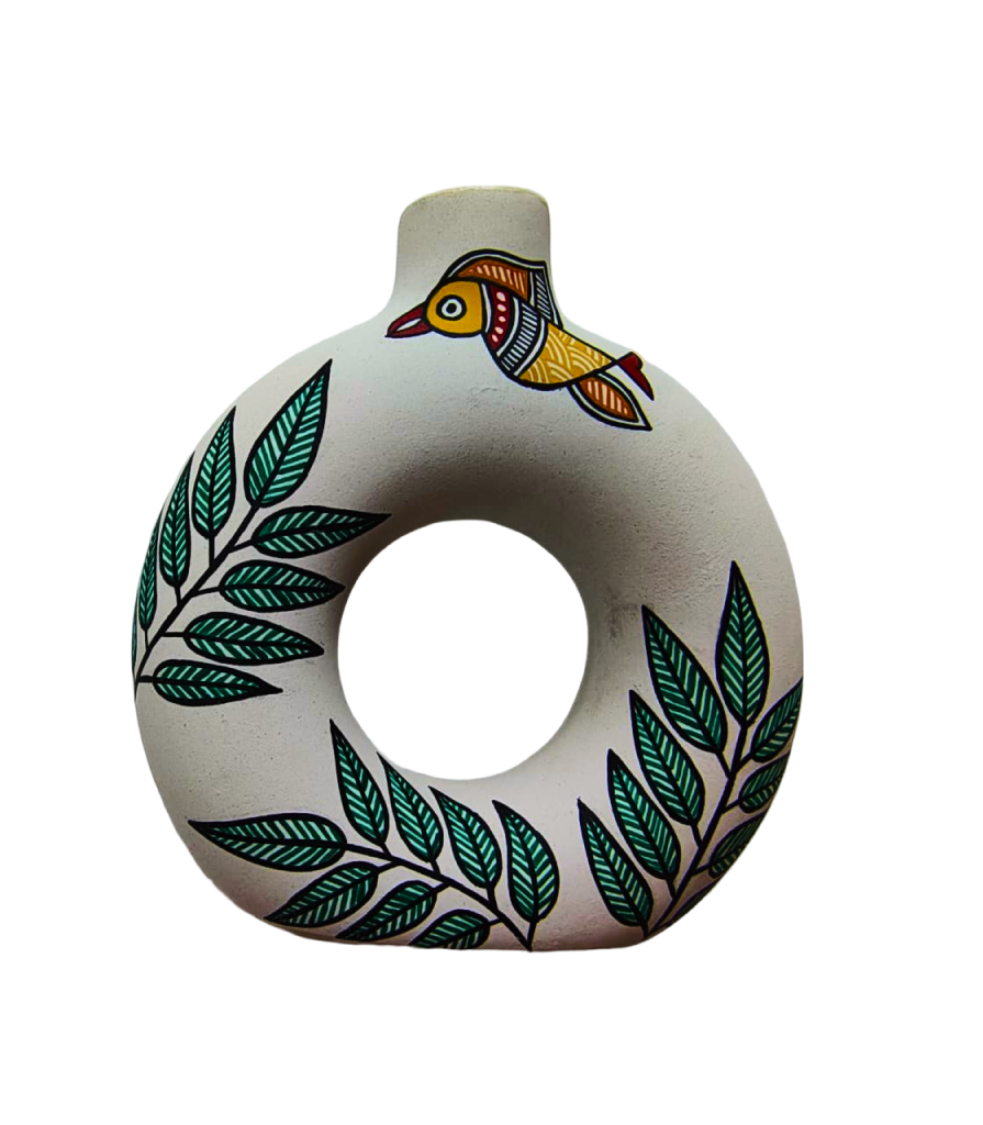 Handcrafted ceramic vase painted with traditional Madhubani bird and leaf motifs